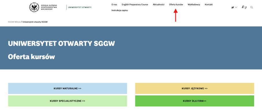 Menu główne strony Uniwersytetu Otwartego SGGW z czerwoną strzałką wskazującą do kliknięcia zakładkę „Oferta kursów”.